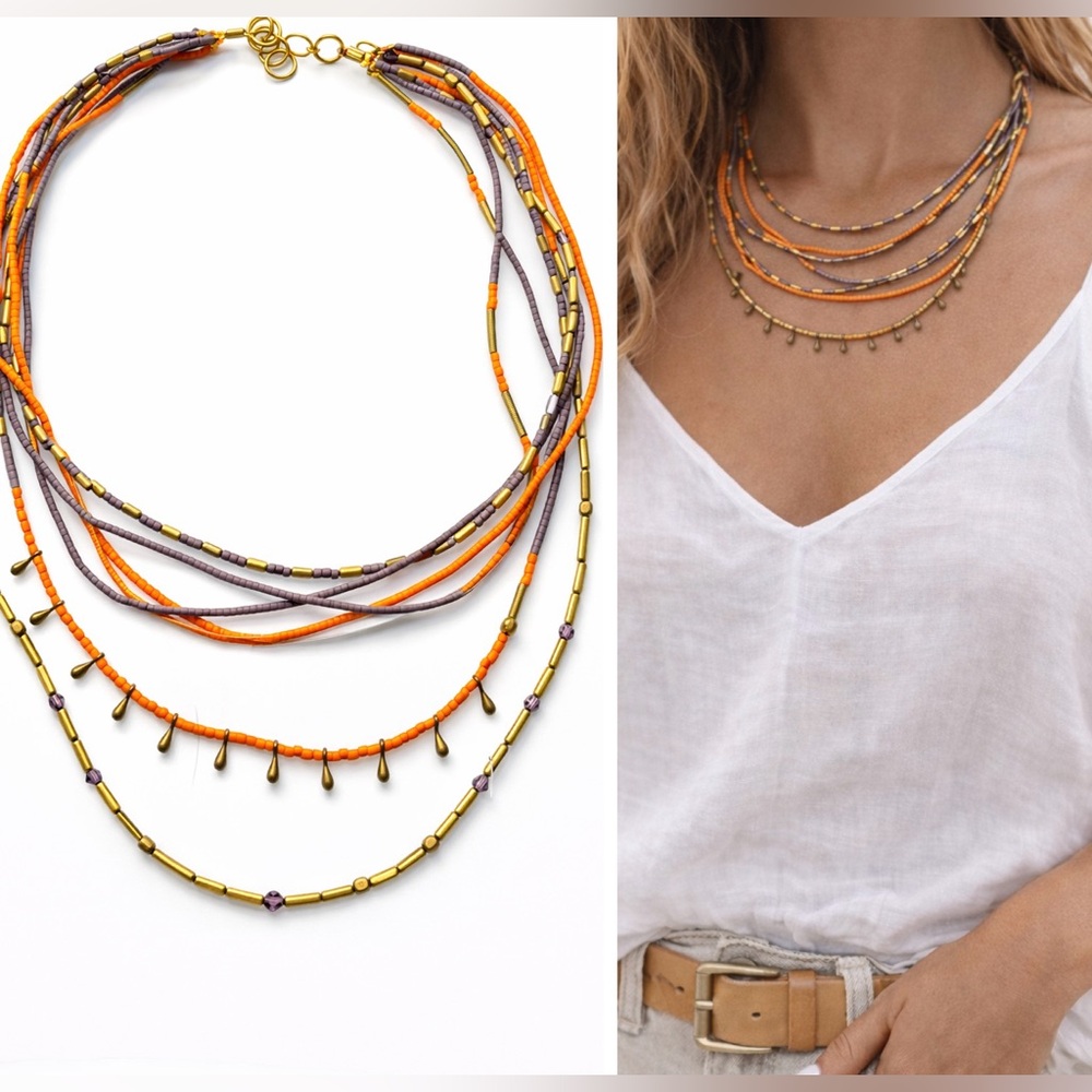 NWT Multi Layer Minimal Orange Gold Purple Beaded Boho Chic Necklace